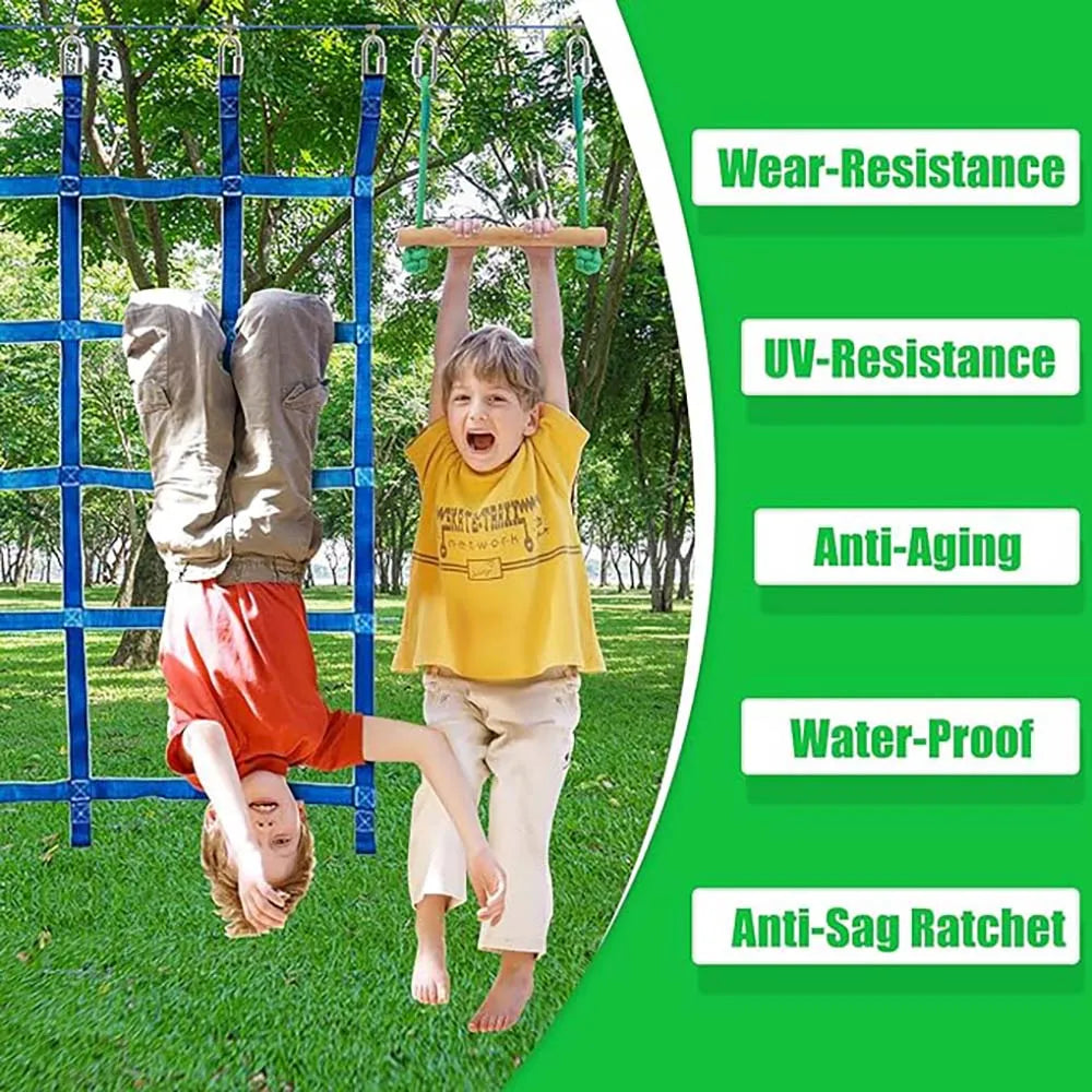 Warrior Obstacle Course For Kids And Adults - 65FT Slackline With Tree Climbing Rock Holds, Swing Seat, Monkey Bars, Ring Wheel,