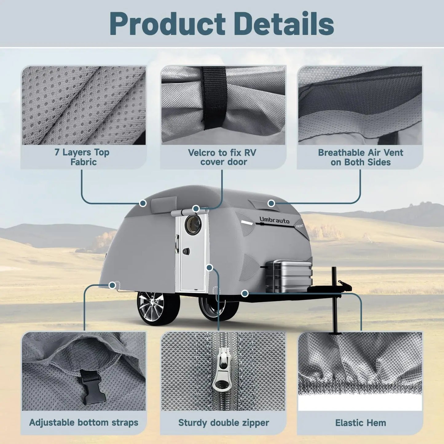 Umbrauto Teardrop Travel Trailer Cover , 7 Layers Top Heavy Duty Waterproof Camper Cover with Windproof Strap