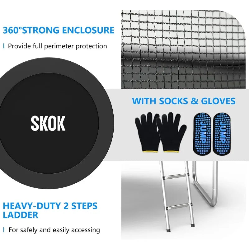 SKOK Trampoline 8FT Trampolines with Enclosure Net, 400LBS Outdoor Trampolines for Kids with Basketball Hoop-ASTM Approved