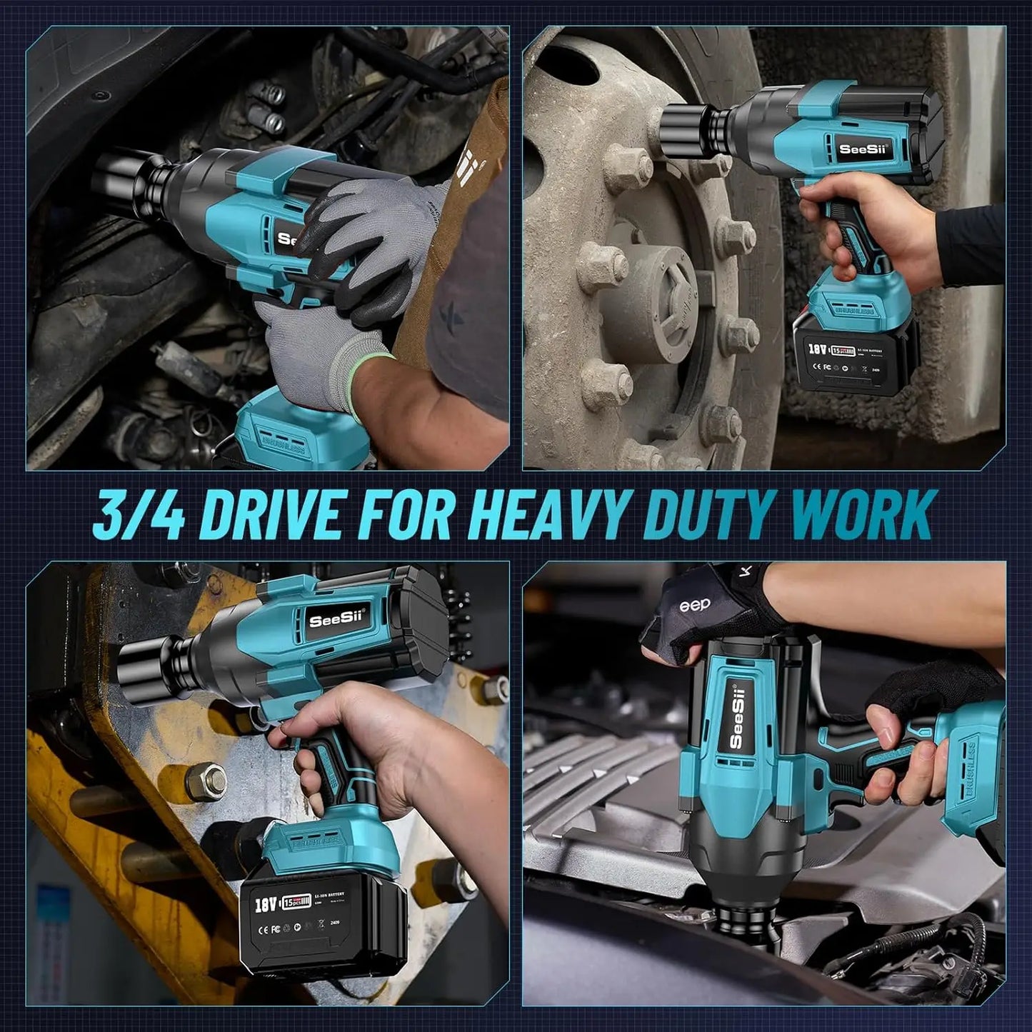 Seesii 2000Nm Cordless Impact Wrench 3/4''Brushless Power Impact Gun Heavy Duty Electric Driver for Truck Mower Car Repair Tools