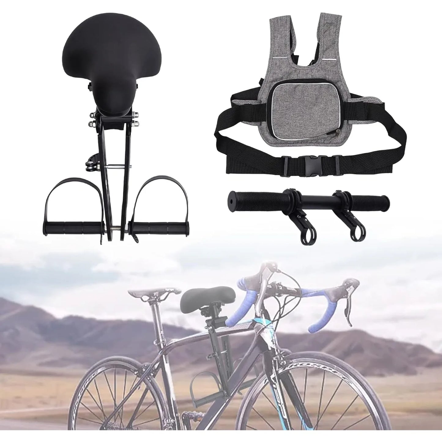 Front-Mounted Kids Bike Seat for Ages 3-6, Adjustable Safety Belt & Non-Slip Handle, Fits Most Mountain Bikes, Max Load 100kg