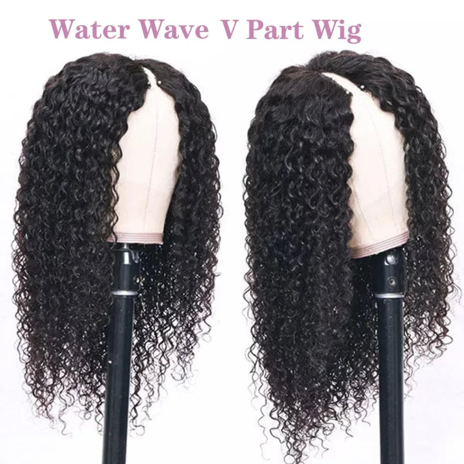 Deep Wave V Part Wig Human Hair No Sew In No Glue 220 Density Natural Color Curly Brazilian Hair For Black Women 30 Inch No Lace