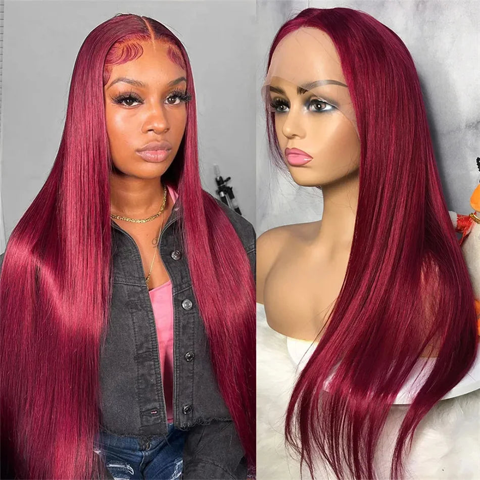 30 36 Inch 99J Burgundy Colored 13x4 Lace Front Wig Bone Straight 13x6 HD Red Lace Frontal Human Hair Wigs For Women