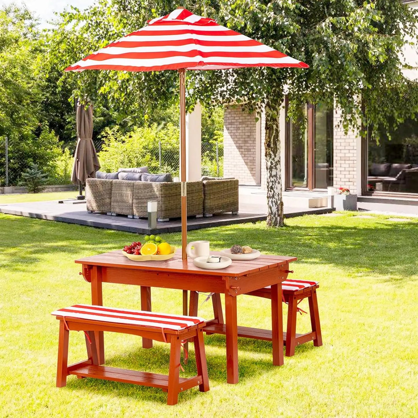 Kids Picnic Table with Umbrella, Outdoor Wooden Table & Bench Set w/Cushions & 2 Removable Boxes, 4-in-1 Children Sand