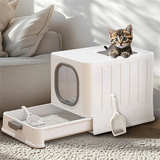 Cat Litter Box Tray Hood Covered Large Entrance Front and Top Access with Lid Cat Litter Tray Pet Kitten Training Toilet Scoop