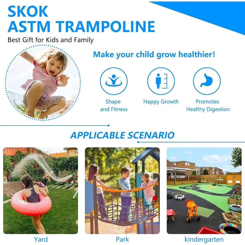 SKOK Trampoline 8FT Trampolines with Enclosure Net, 400LBS Outdoor Trampolines for Kids with Basketball Hoop-ASTM Approved