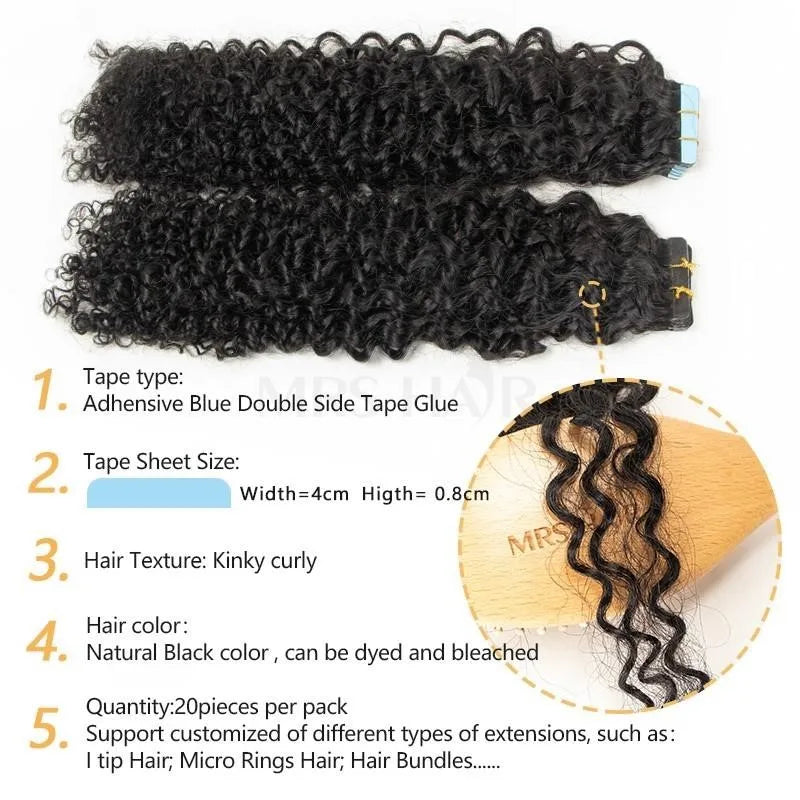 MRS HAIR Tape In Hair Extensions Deep Curly Human Hair Skin Weft Kinky Curly Tape Hair 12-24inch Natural Black Remy 20pcs/Pack