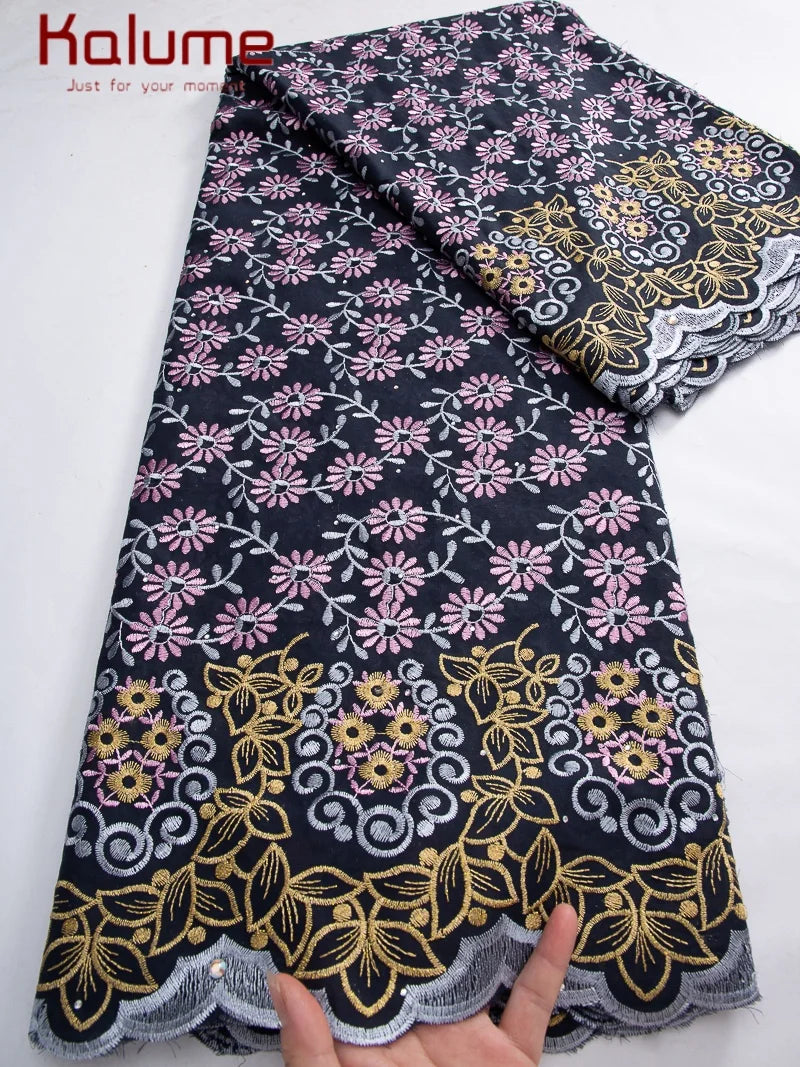 Kalume African Cotton Embroidered Lace Fabric With Stones 2025 Nigerian Swiss Voile Lace Fabric Flower For Sewing Dress F4325