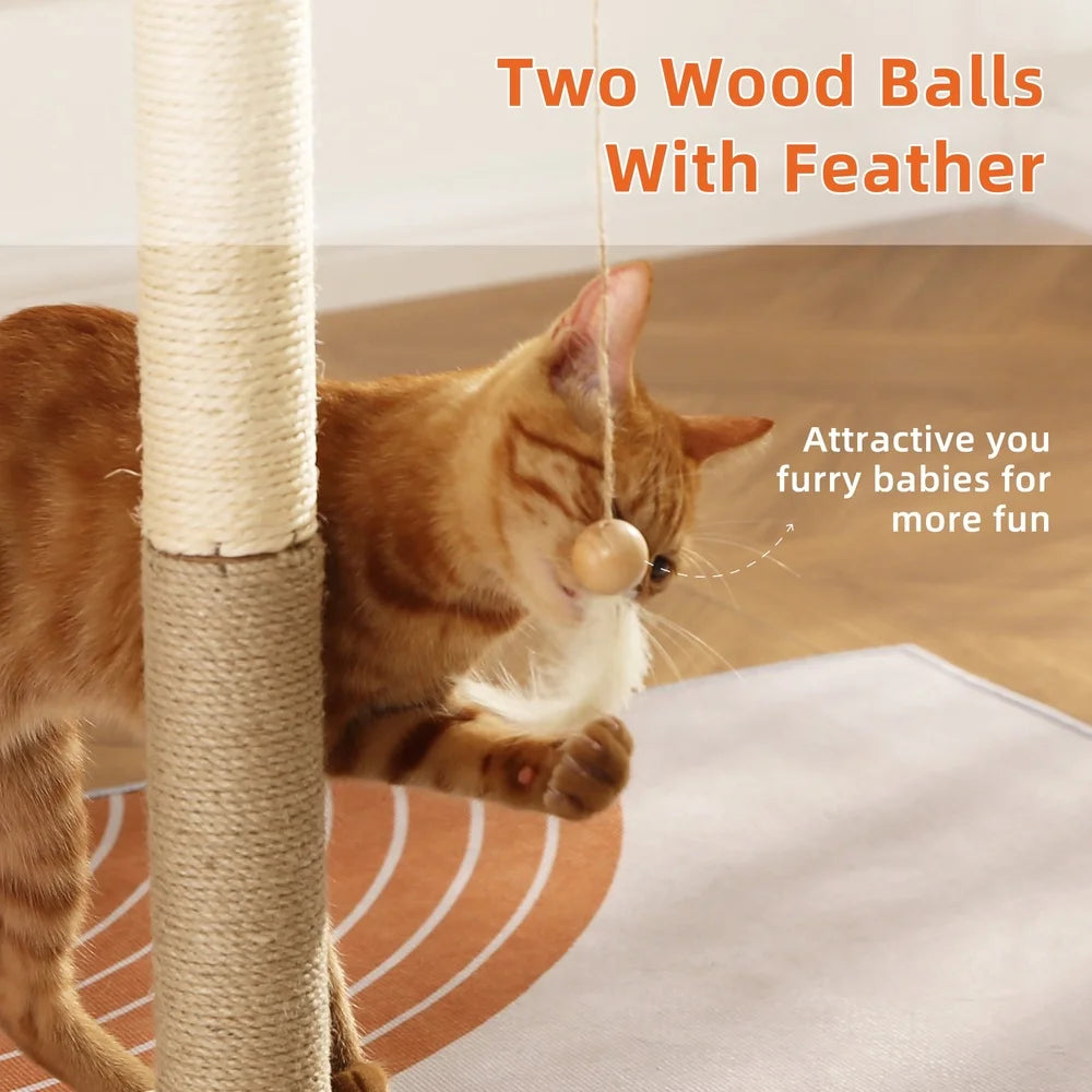 Interactive Cat Scratching Post with 2 Tier Ball Track Hanging Toys Solid Wood Base Cat Entertainment 22 Inch