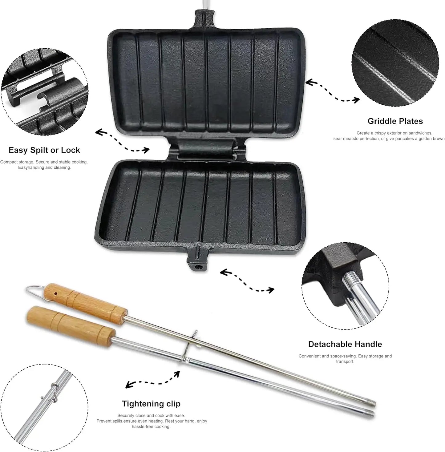 Double Pie Maker Cast Iron Sandwich Pr Pans For Camping With Storage Bag And Recipes, Camp Cooker Campfire Cooking Equipment