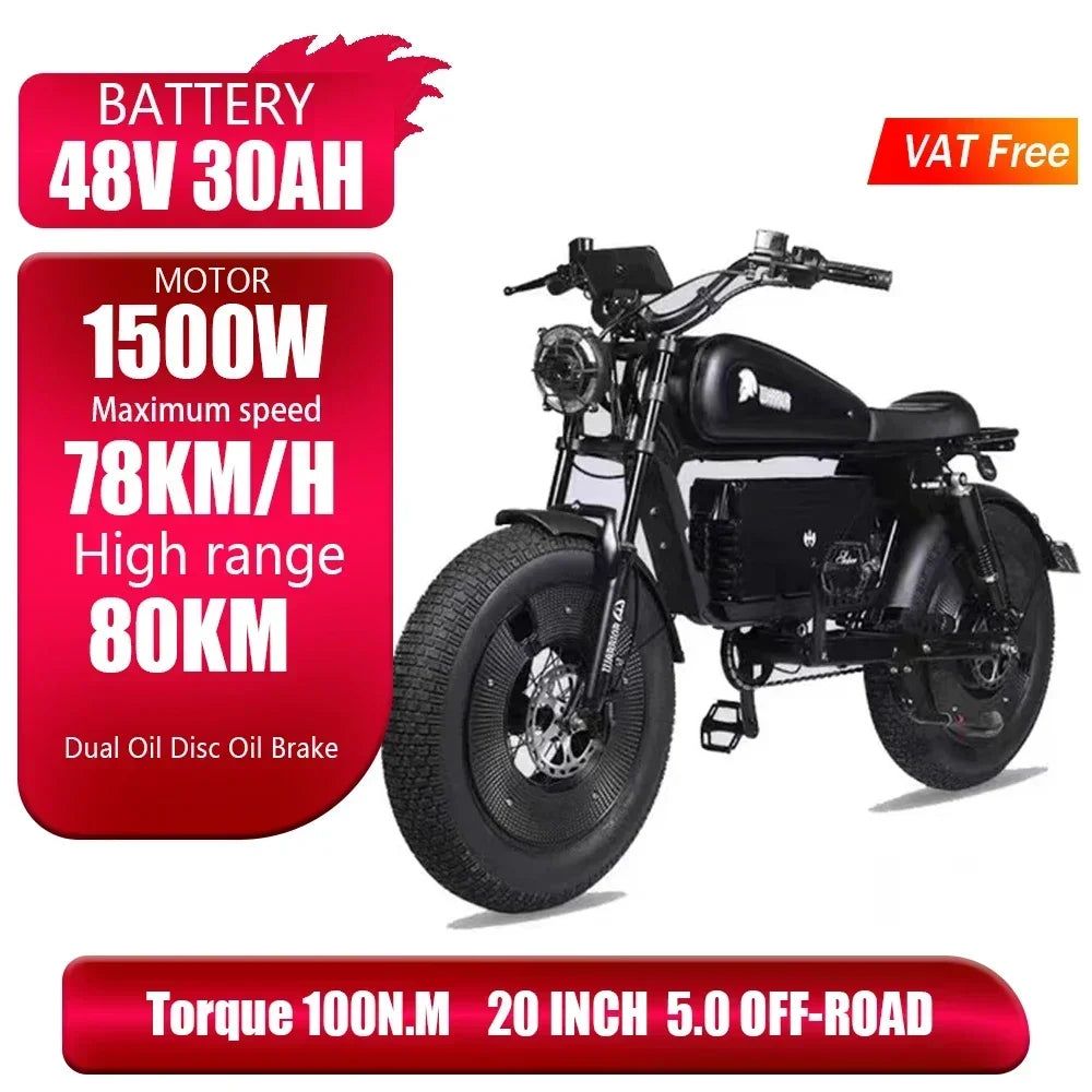 Black Warrior 1500W Motorbikes 48V60AH Electric Bicycle Adult Road Hydraulic brake Ebike 20inch Off-road Fat Tyre Electric Bike