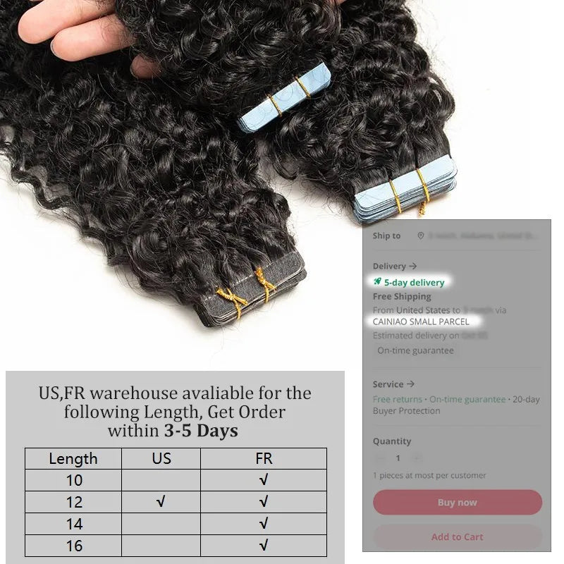 MRS HAIR Tape In Hair Extensions Deep Curly Human Hair Skin Weft Kinky Curly Tape Hair 12-24inch Natural Black Remy 20pcs/Pack