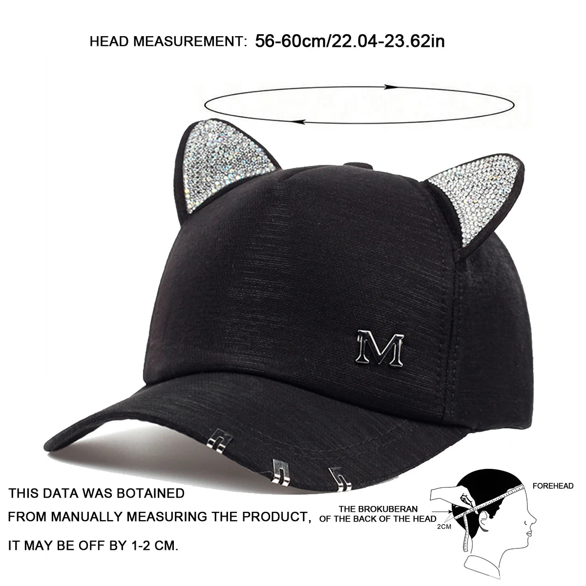 1piece Unisex Cat Ears Hot Drills Baseball Cap Outdoor Adjustable Sunscreen Leisure Hat Spring Autumn Travel Tourism Vacation