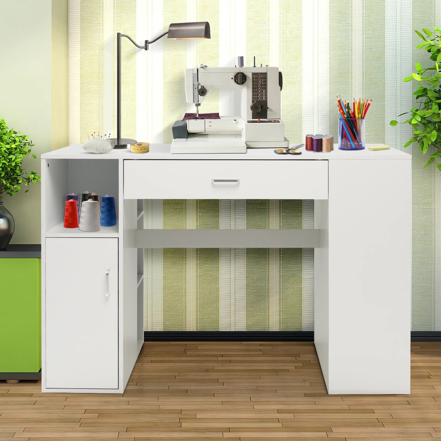 Counter Height Sewing Craft Table Computer Desk w/ Adjustable Shelves & Drawer