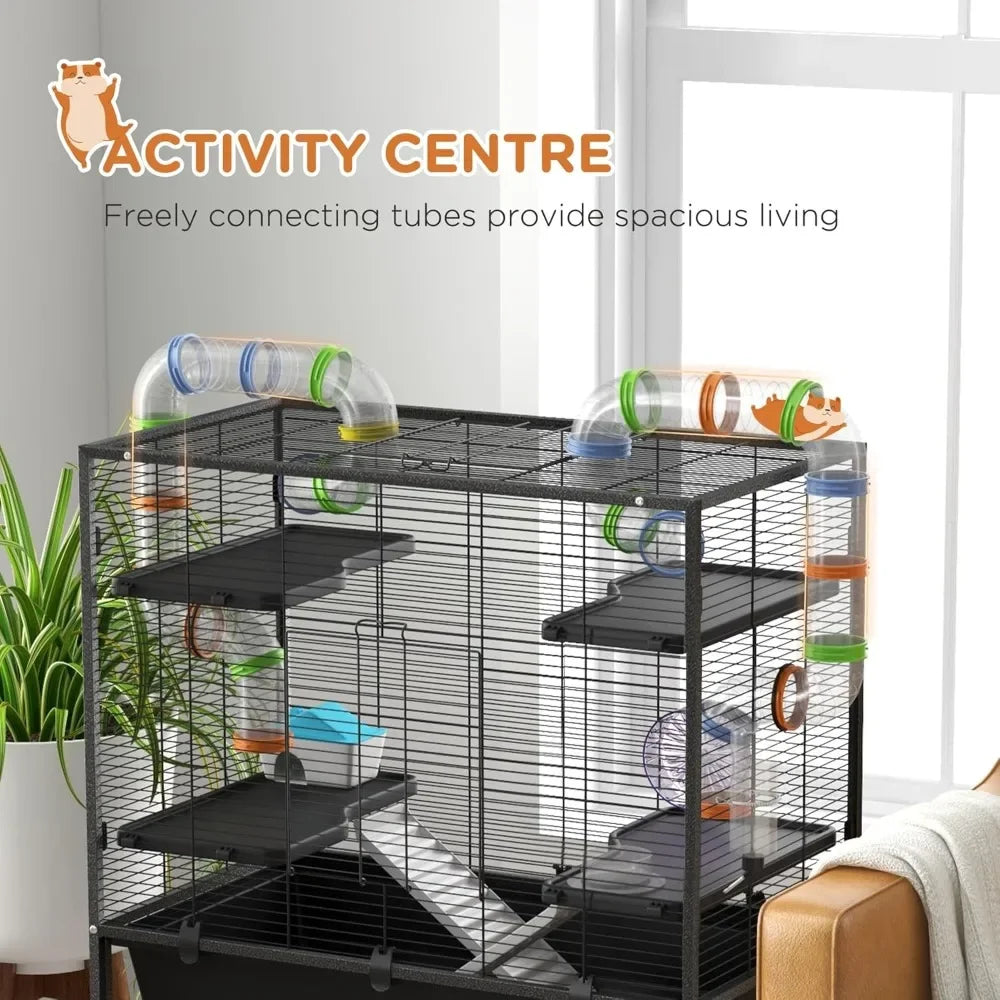 32" Large Hamster Cage with Storage Shelf, Rat Cage for Syrian Hamster, Gerbils, with Tubes, Running Wheel, Food Dish