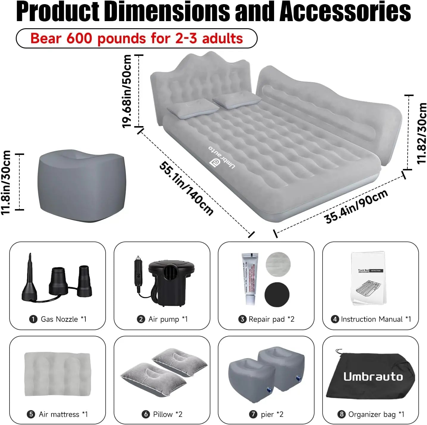 Umbrauto Inflatable Car Mattress Bed: SUV Camping Air Mattress for Truck Backseat with Pump & Pillows, Blow Up Car Sleeping Matt