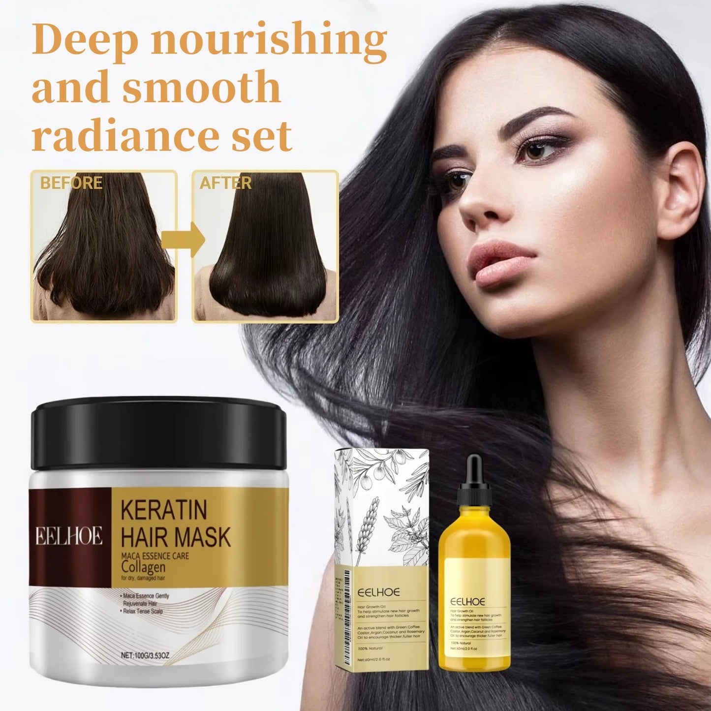 EELHOE Repairing Moisturizing Hair Mask & Rosemary Hair Oil Set Deep Moisturizing Split Ends Treatment Smoothing Shine Frizzy