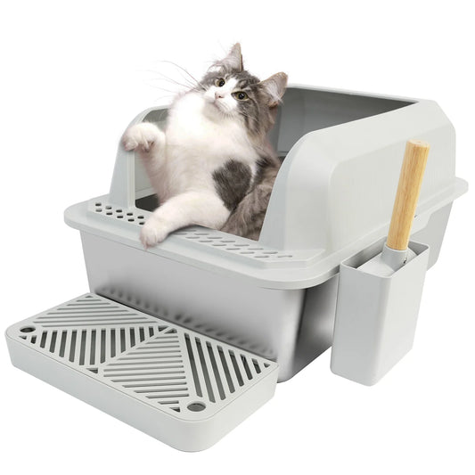 Stainless Steel Cat Litter Box XL Extra Large Enclosure Cat Box with Lid for Small Big Cats, Double Pedal Filter Metal High Sid