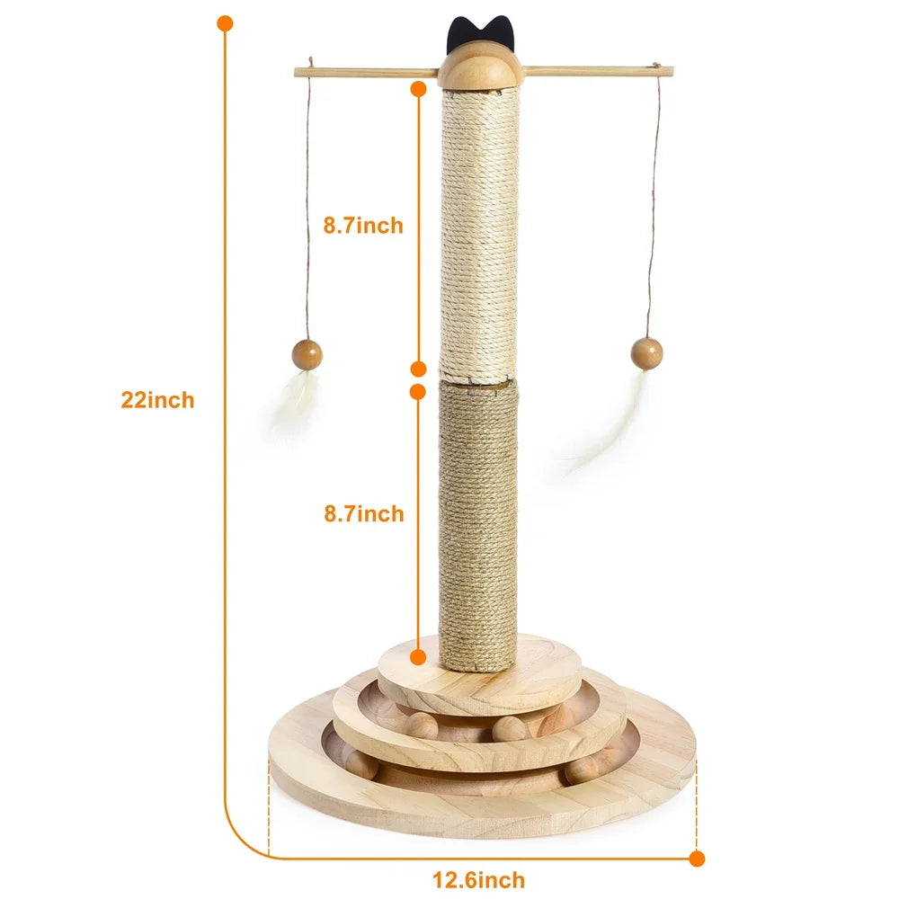 Interactive Cat Scratching Post with 2 Tier Ball Track Hanging Toys Solid Wood Base Cat Entertainment 22 Inch