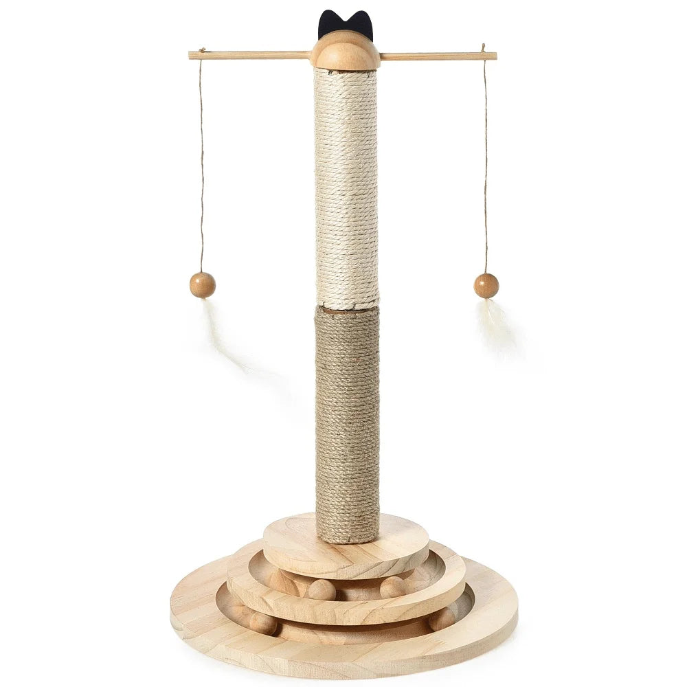 Interactive Cat Scratching Post with 2 Tier Ball Track Hanging Toys Solid Wood Base Cat Entertainment 22 Inch