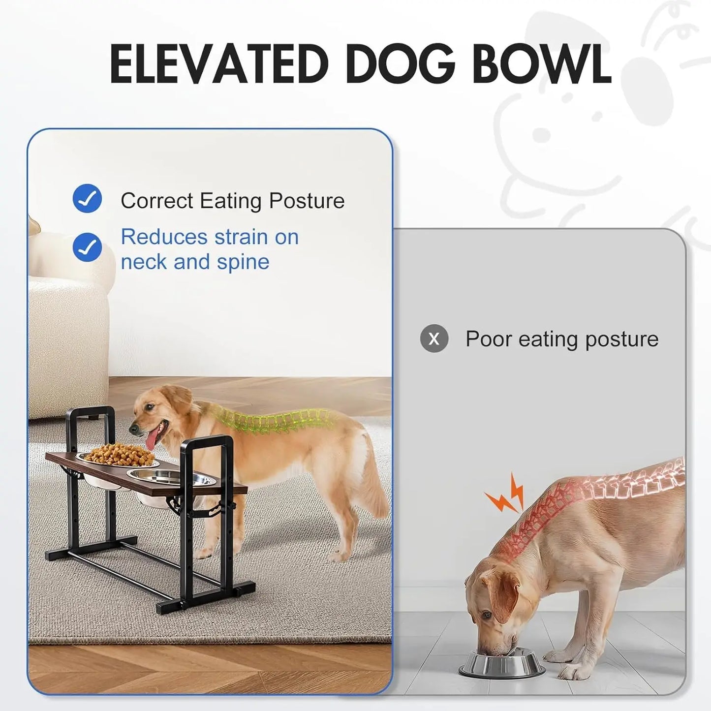 MEWOOFUN Raised Dog Bowl Height Adjustable Sturdy Wooden Raised Dog Bowls with 2x1200ml Stainless Steel Bowls for Dogs