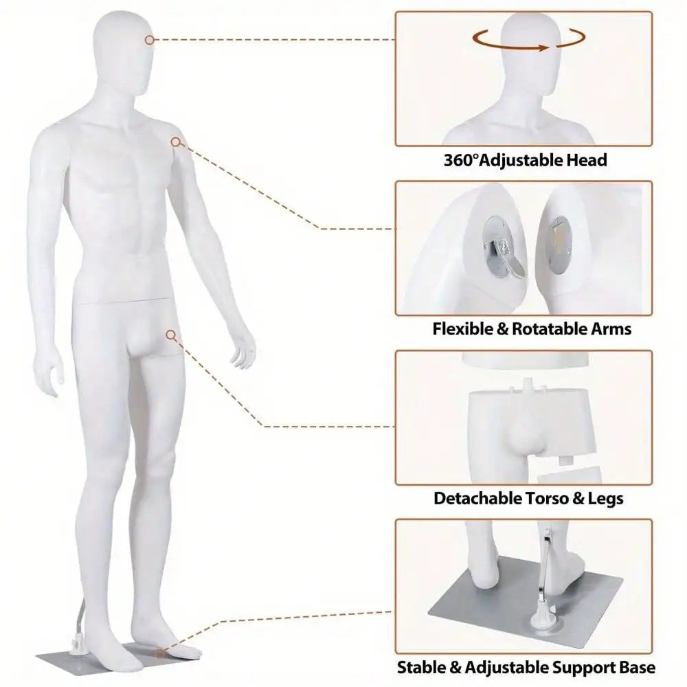 Adjustable Male Mannequin Full Body Dress Form Poseable Life-Size 73''Tall White