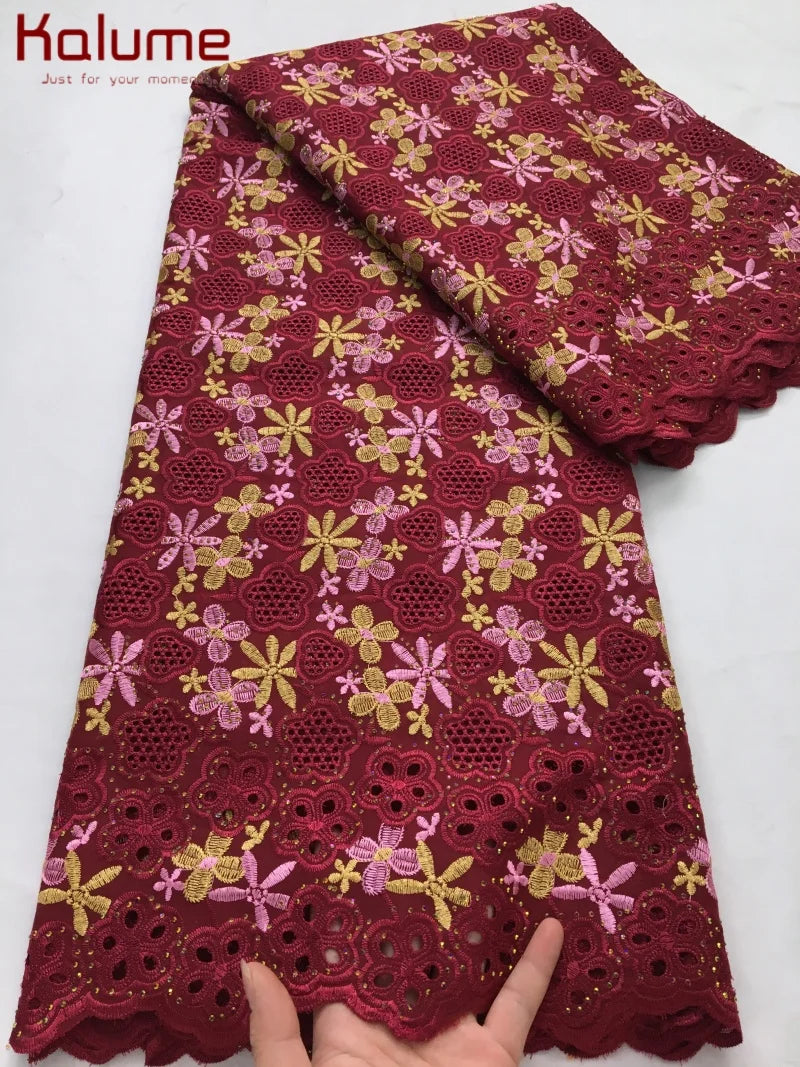 Kalume African Cotton Embroidered Lace Fabric With Stones 2025 Nigerian Swiss Voile Lace Fabric Flower For Sewing Dress F4325
