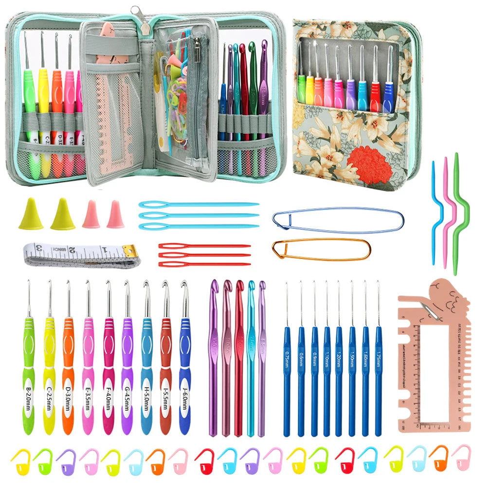 Aluminum Crochet Hooks Needles TPR Soft Handle Yarn Crochet Sets Comfortable Grip with Storage Bag for Sewing Weave Tool