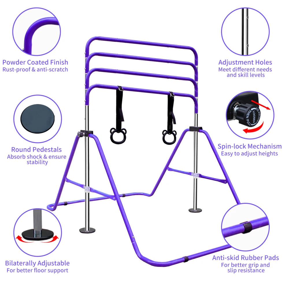 Purple Multi-Functional Adjustable Height Children's Horizontal Gymnastic Bar with Bear Rings