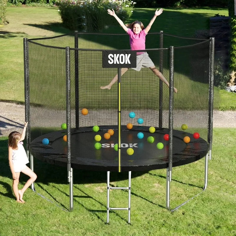 SKOK Trampoline 8FT Trampolines with Enclosure Net, 400LBS Outdoor Trampolines for Kids with Basketball Hoop-ASTM Approved