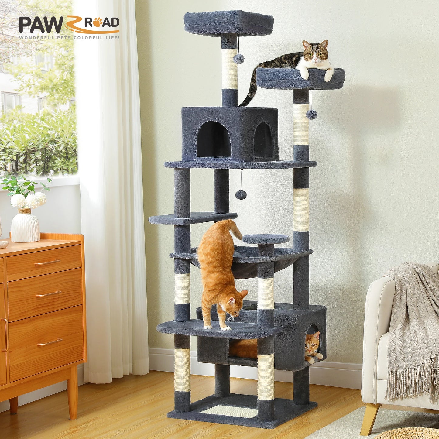 184cm Large Cat Tree and Tower for Indoor Cats With Sisal-Covered Scratching Posts Spacious Hammock Padded Perches and Condos