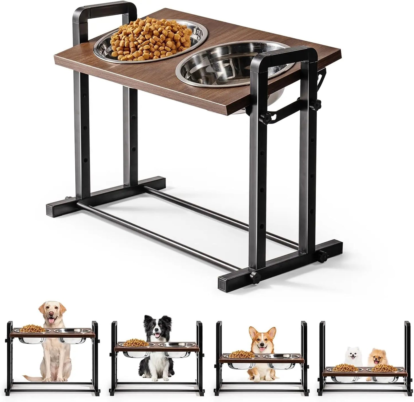MEWOOFUN Raised Dog Bowl Height Adjustable Sturdy Wooden Raised Dog Bowls with 2x1200ml Stainless Steel Bowls for Dogs