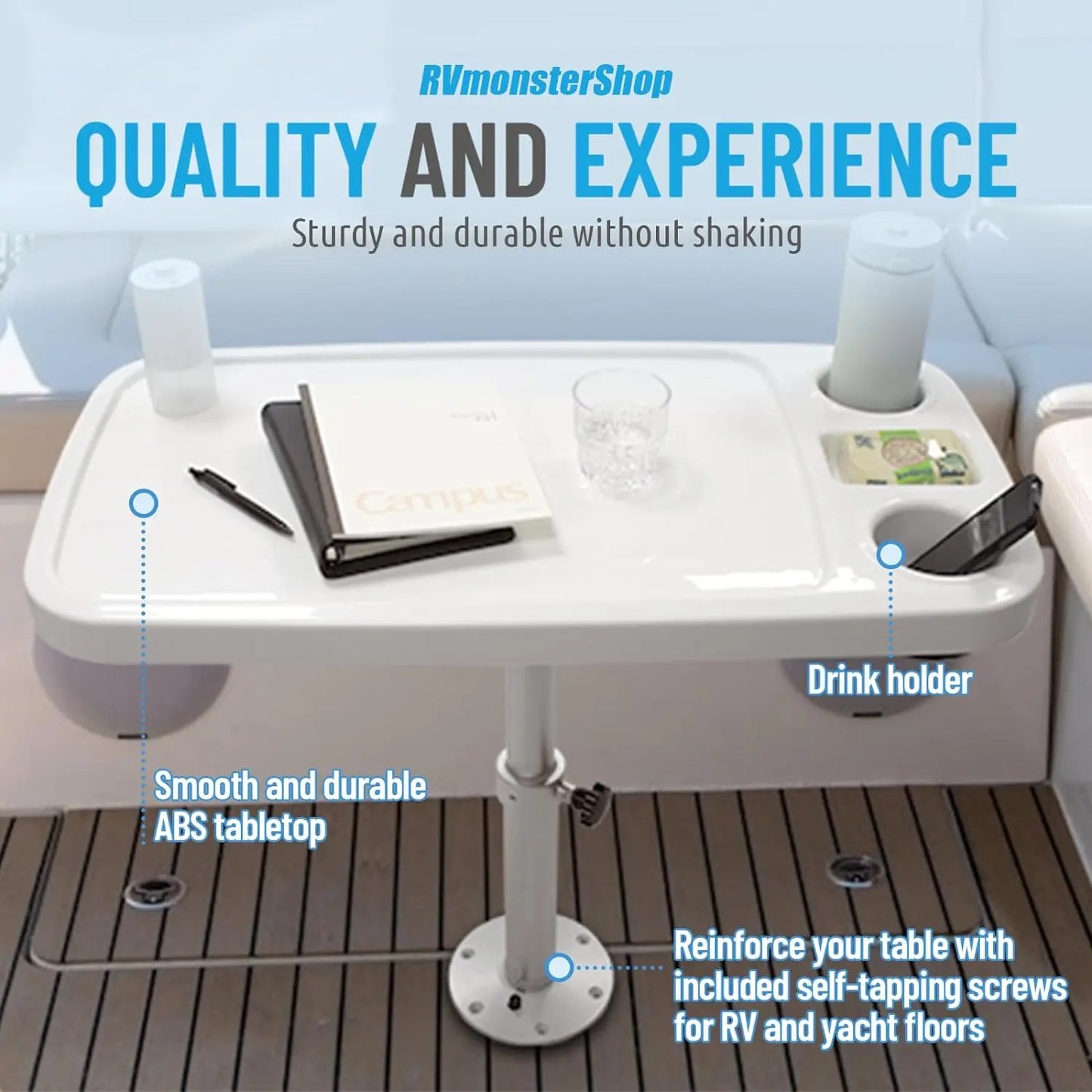 Removable RV Table Set – 34"x18" ABS Tabletop, Waterproof & Scratch-Resistant, Adjustable Height 17.8–27.2", for Camper, Boat