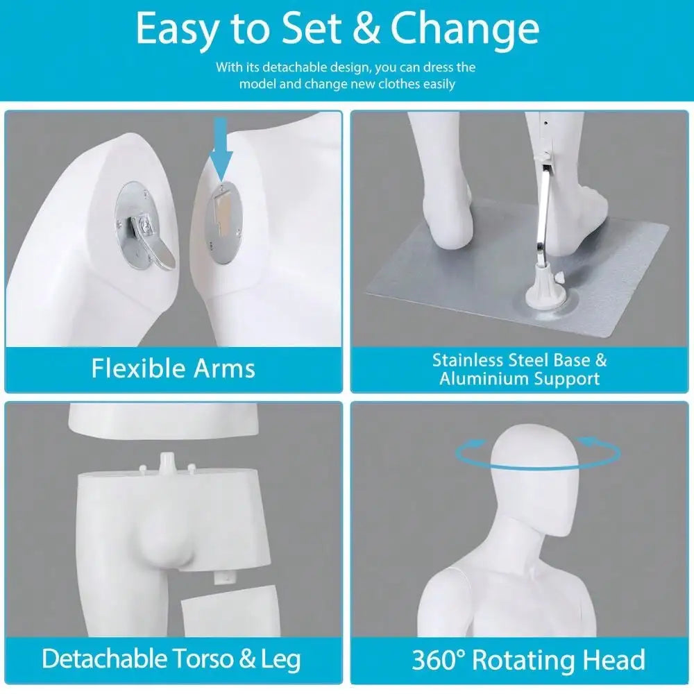 Adjustable Male Mannequin Full Body Dress Form Poseable Life-Size 73''Tall White