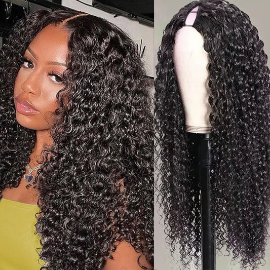 Deep Wave V Part Wig Human Hair No Sew In No Glue 220 Density Natural Color Curly Brazilian Hair For Black Women 30 Inch No Lace