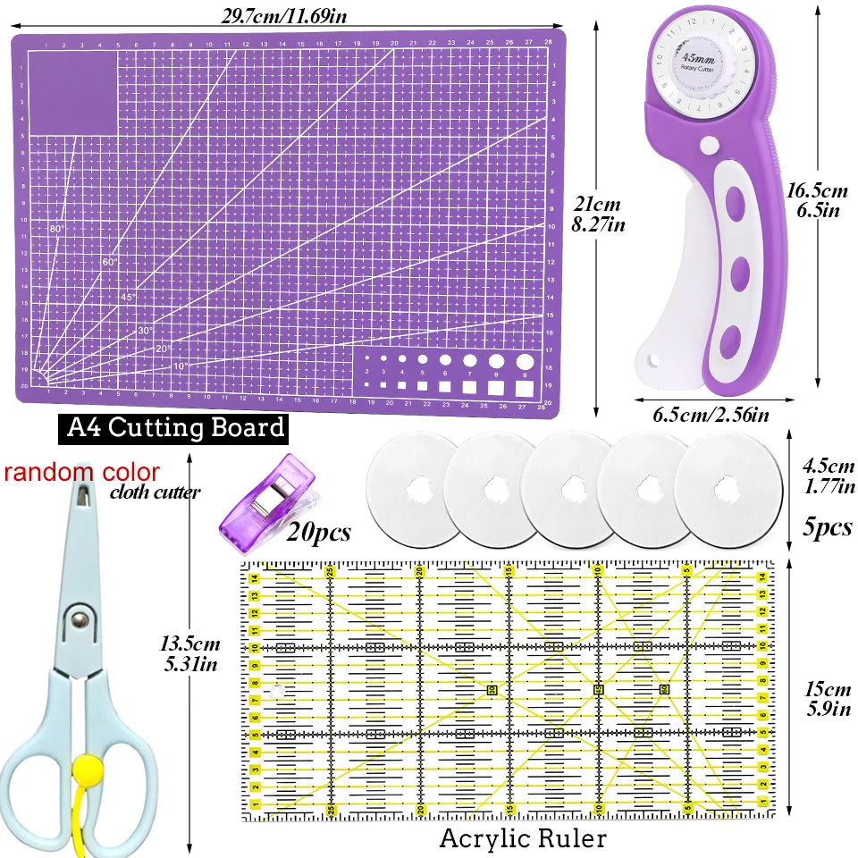 45mm Rotary Cutter Kit with 5 Blades Cutting Mat Patchwork Ruler Tailor's Scissors Sewing Clips for Fabric Quilting Tools