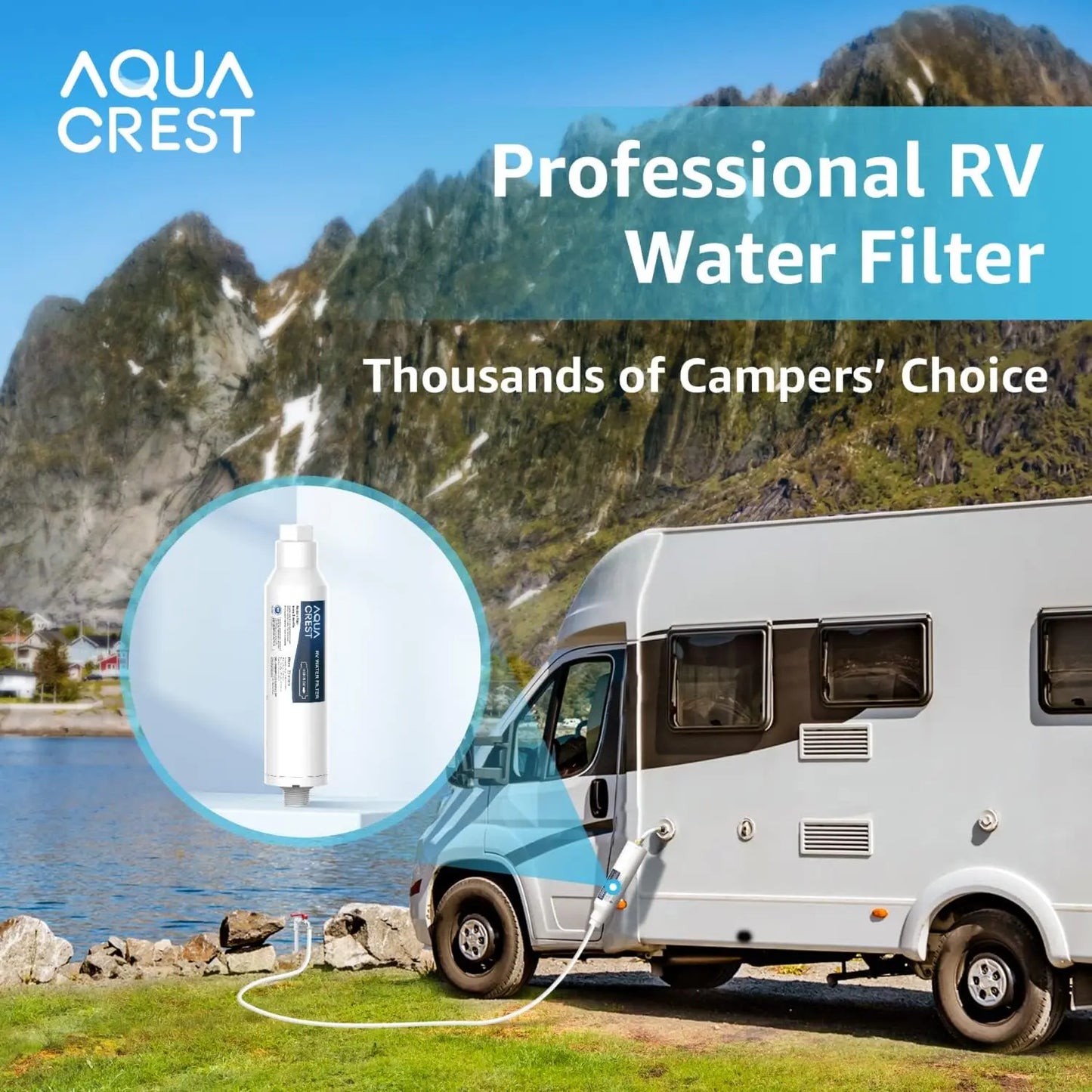 AQUA CREST RV Water Filter, RV Inline Hose Water Filter, Garden and Camper Water Filter,  4 Pack with 2 Hose Protector
