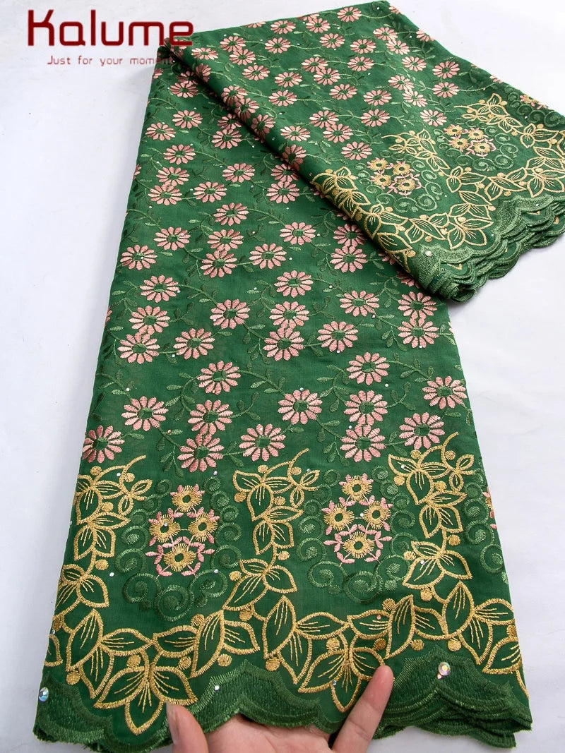 Kalume African Cotton Embroidered Lace Fabric With Stones 2025 Nigerian Swiss Voile Lace Fabric Flower For Sewing Dress F4325