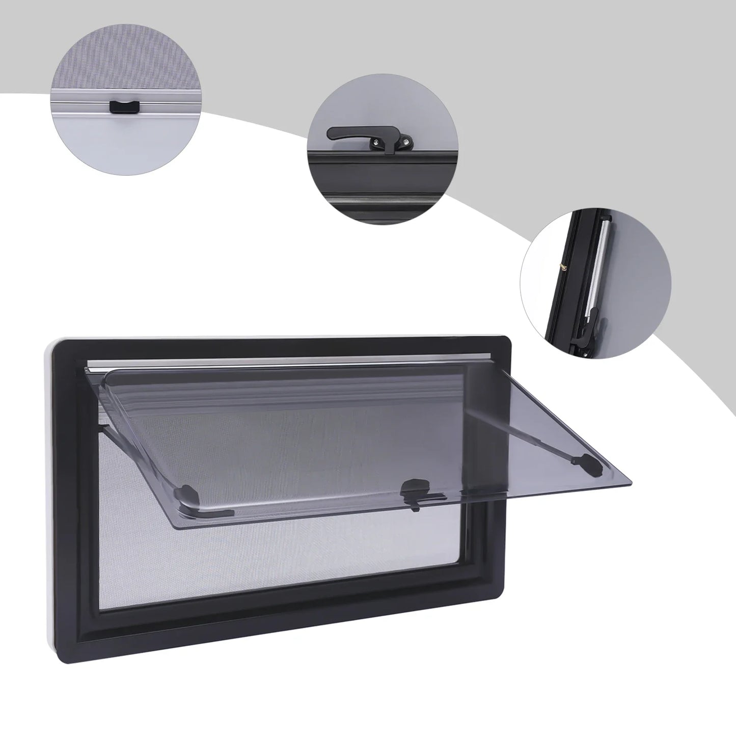 RV Hinged Window with Adjustable Angle,70-Degree Opening Caravan Window with Acrylic Panel Adjustable Sunshade for Light Control