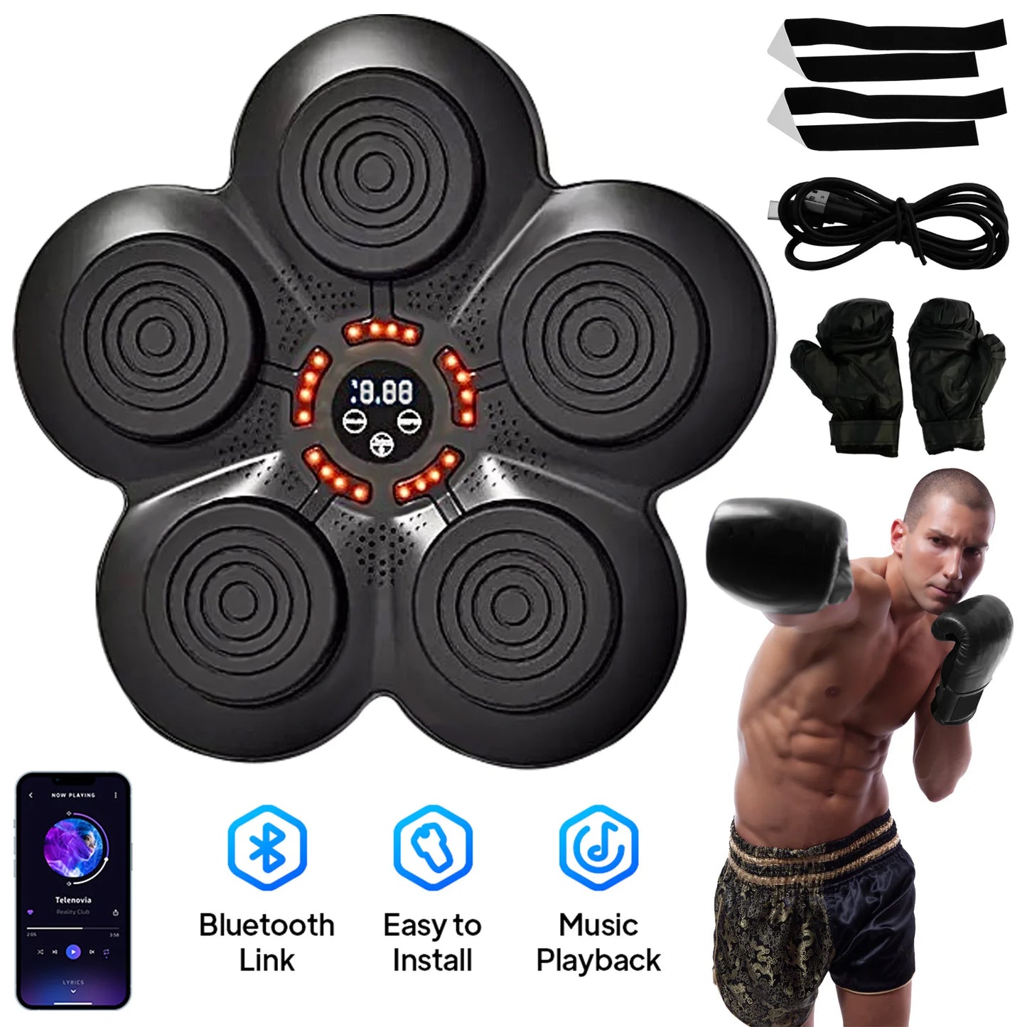 Smart Music Boxing Trainer Wall-Mounted Punching Machine 9-Speed Modes n Professional Boxing Gloves Wall Target Adult Children
