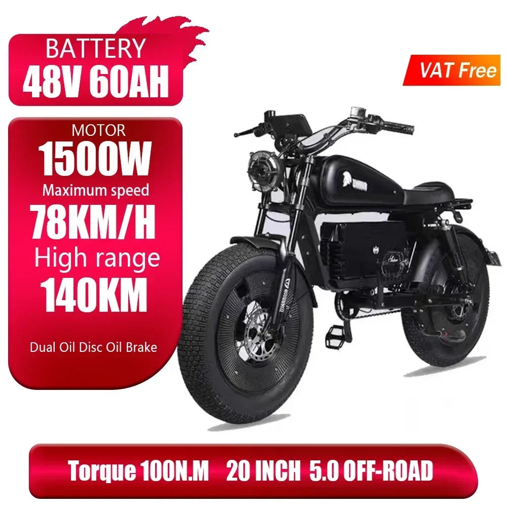 Black Warrior 1500W Motorbikes 48V60AH Electric Bicycle Adult Road Hydraulic brake Ebike 20inch Off-road Fat Tyre Electric Bike