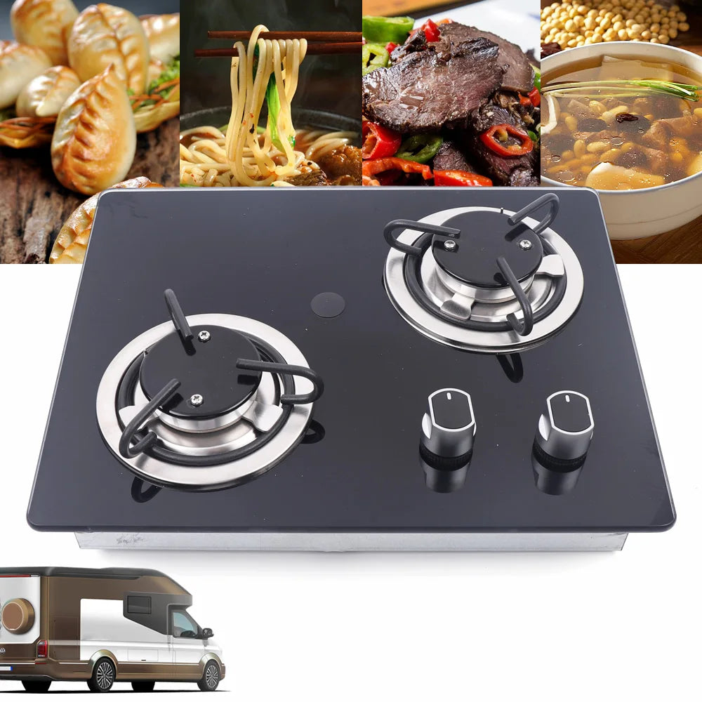 380*300*70mm Boat RV Camper LPG Gas Stove Hob with 8mm Thick Tempered Glass-Built in 2 Gas Burner