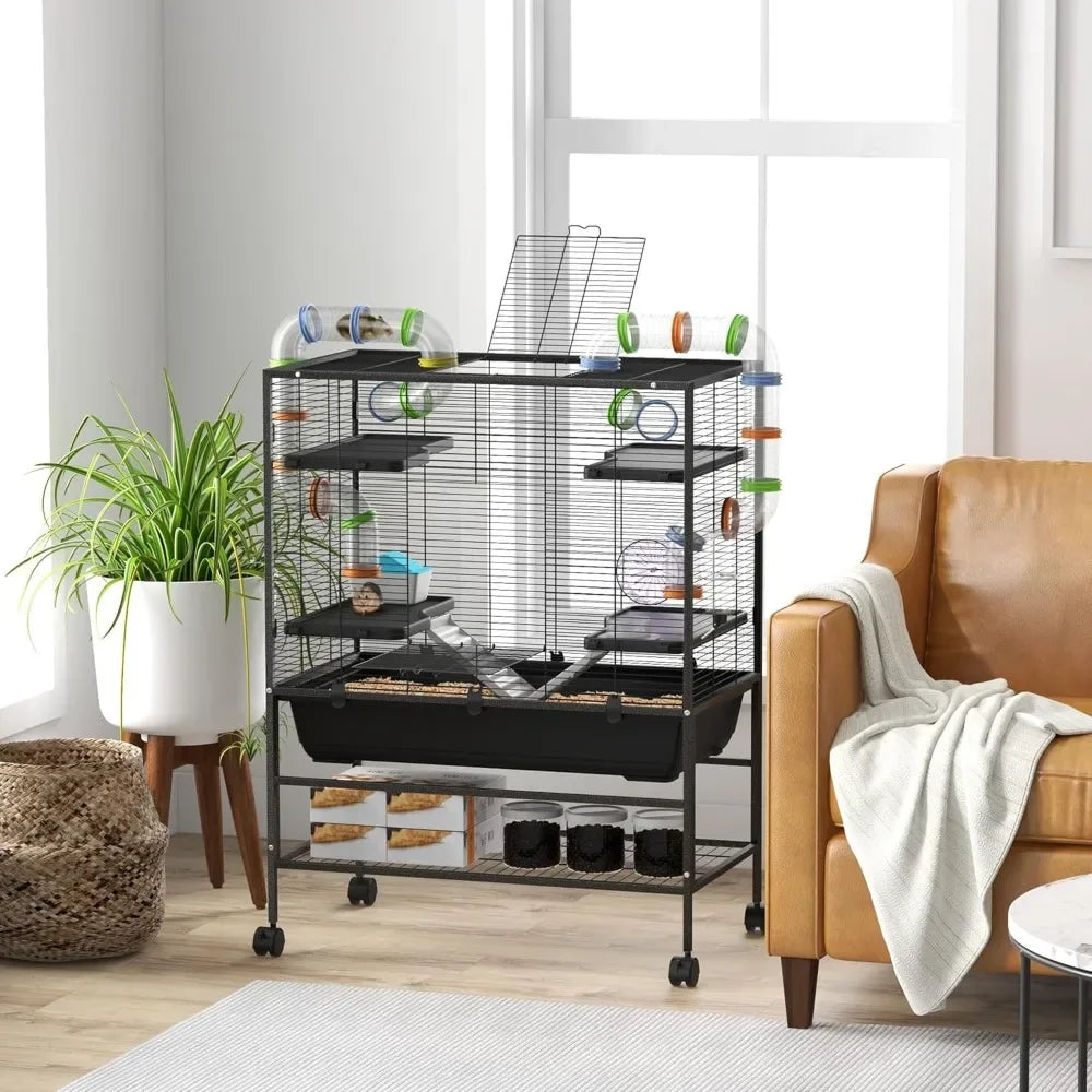 32" Large Hamster Cage with Storage Shelf, Rat Cage for Syrian Hamster, Gerbils, with Tubes, Running Wheel, Food Dish