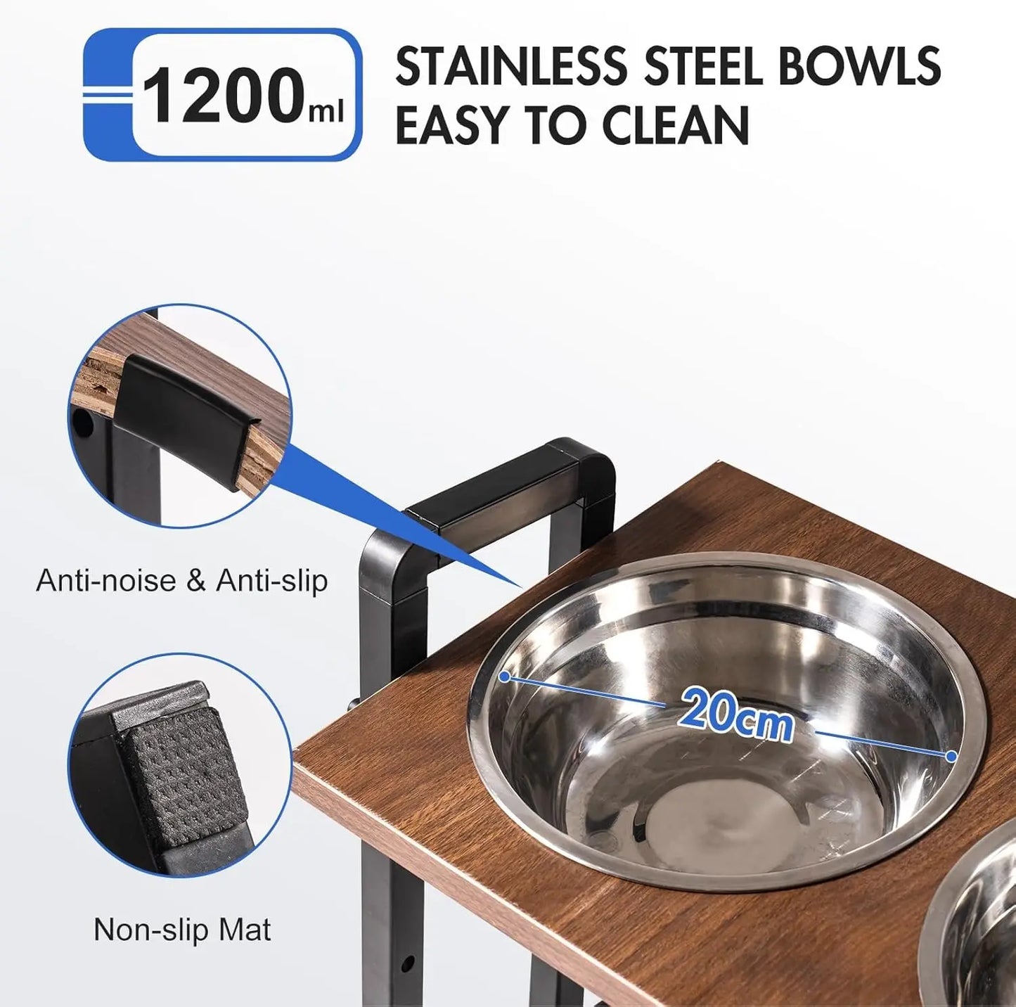 MEWOOFUN Raised Dog Bowl Height Adjustable Sturdy Wooden Raised Dog Bowls with 2x1200ml Stainless Steel Bowls for Dogs