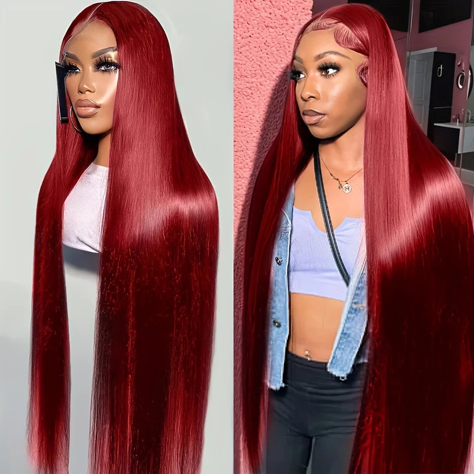 30 36 Inch 99J Burgundy Colored 13x4 Lace Front Wig Bone Straight 13x6 HD Red Lace Frontal Human Hair Wigs For Women