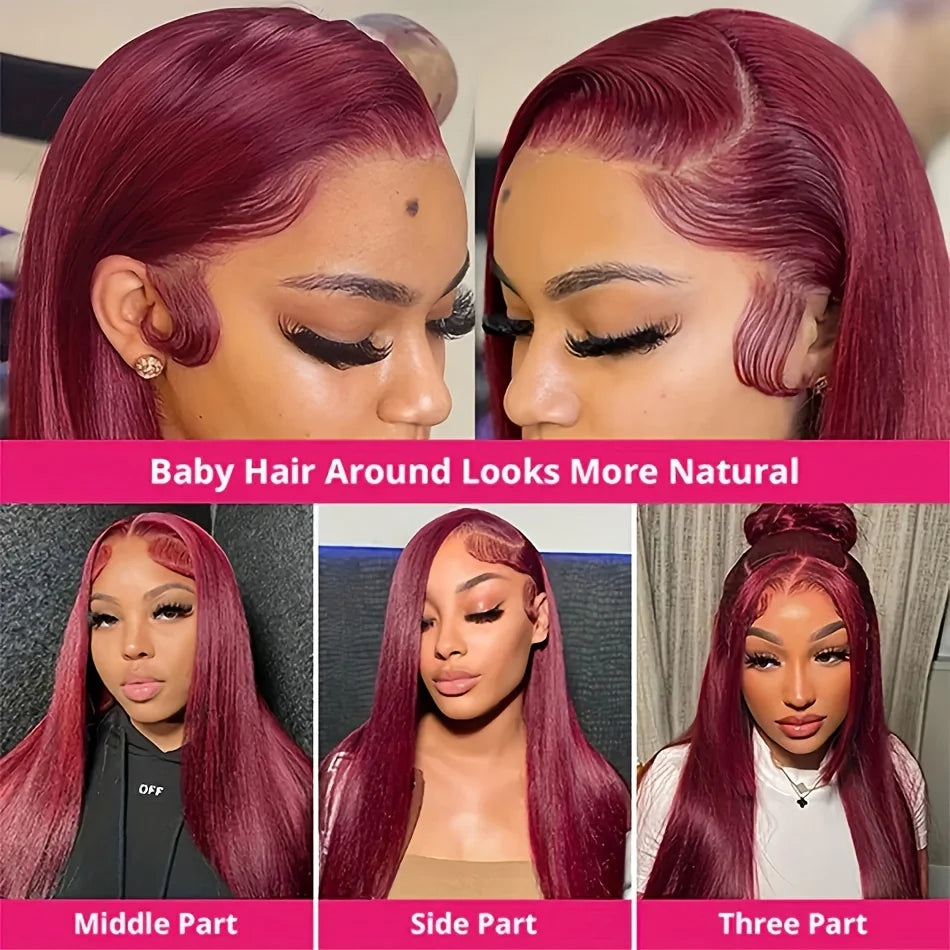 30 36 Inch 99J Burgundy Colored 13x4 Lace Front Wig Bone Straight 13x6 HD Red Lace Frontal Human Hair Wigs For Women