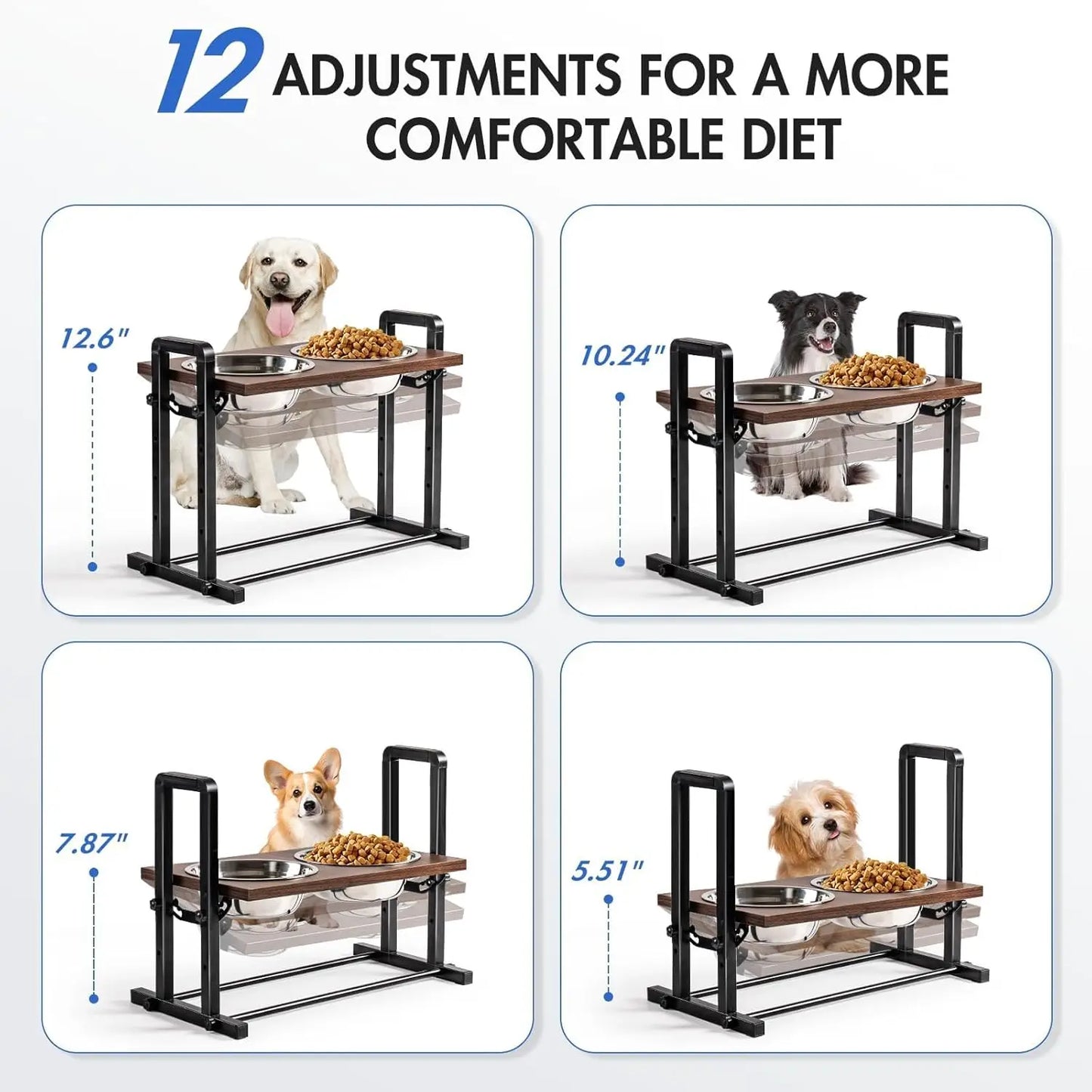 MEWOOFUN Raised Dog Bowl Height Adjustable Sturdy Wooden Raised Dog Bowls with 2x1200ml Stainless Steel Bowls for Dogs