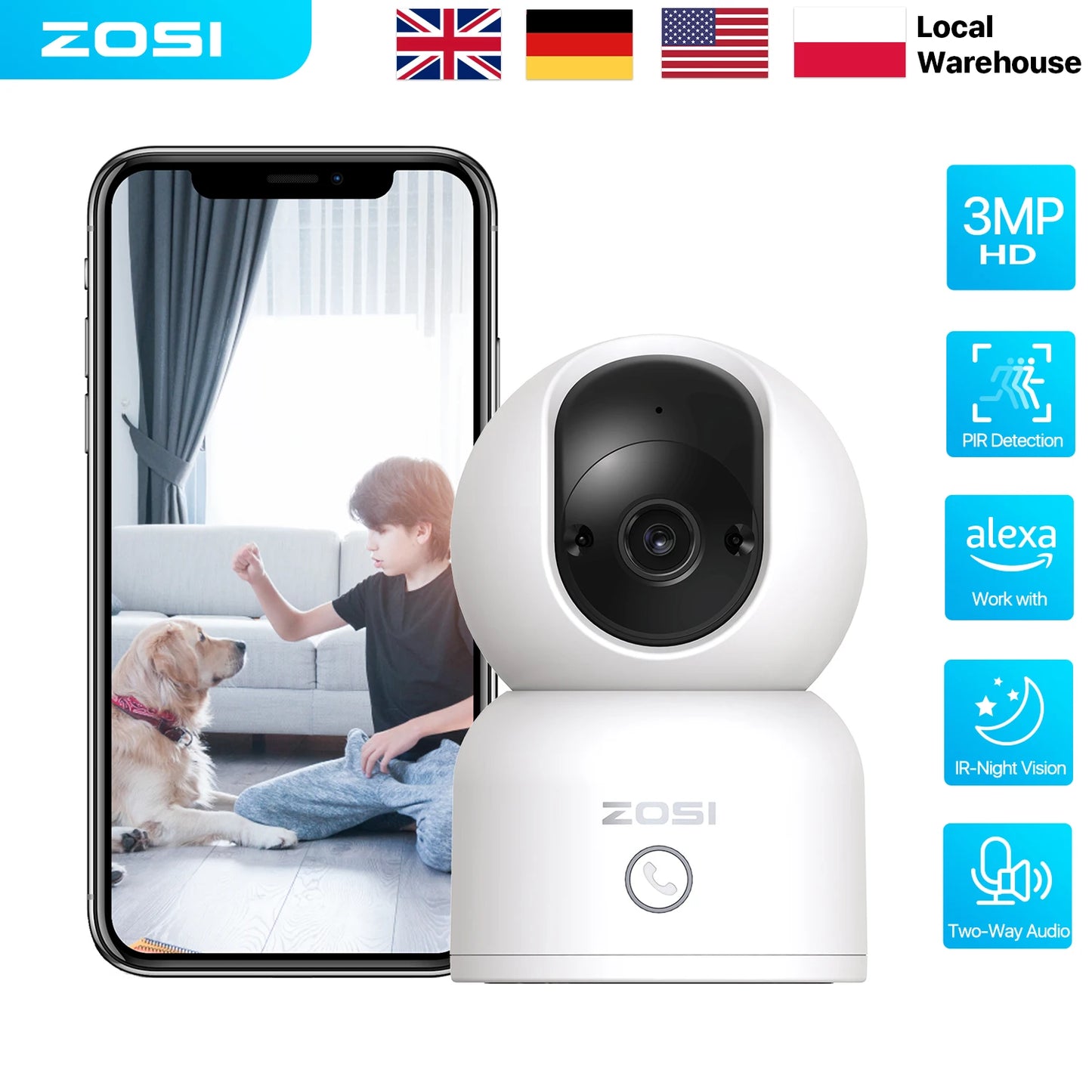 ZOSI Indoor Pan/Tilt Smart Security Camera C518 2K 360 Degree Baby Pet Monitor 2.4G/5G Dual-Band WiFi Home Cam with Phone APP