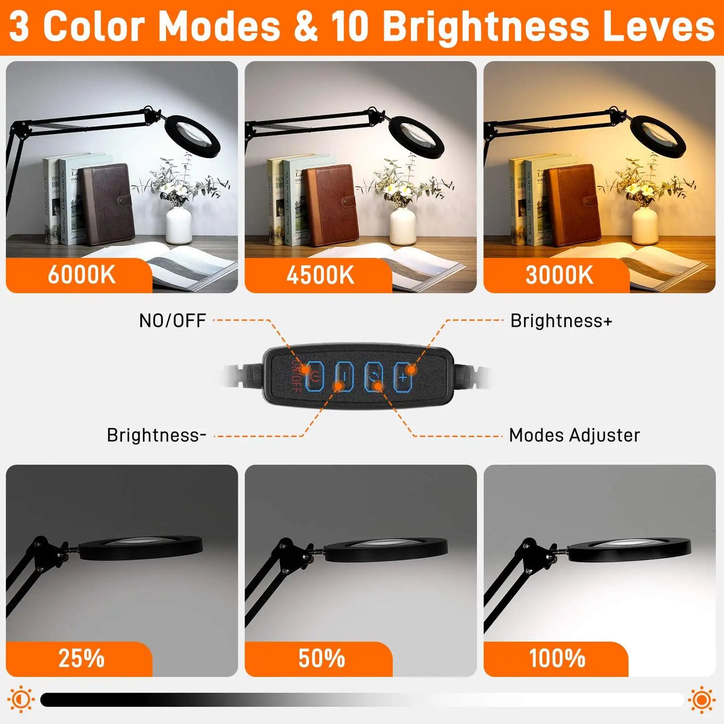 Magnifier LED Lamp 10X Magnifying Glass with Light 10 Levels LED Reading Light with Clamp Stand Craft  3 Color Light Lamp