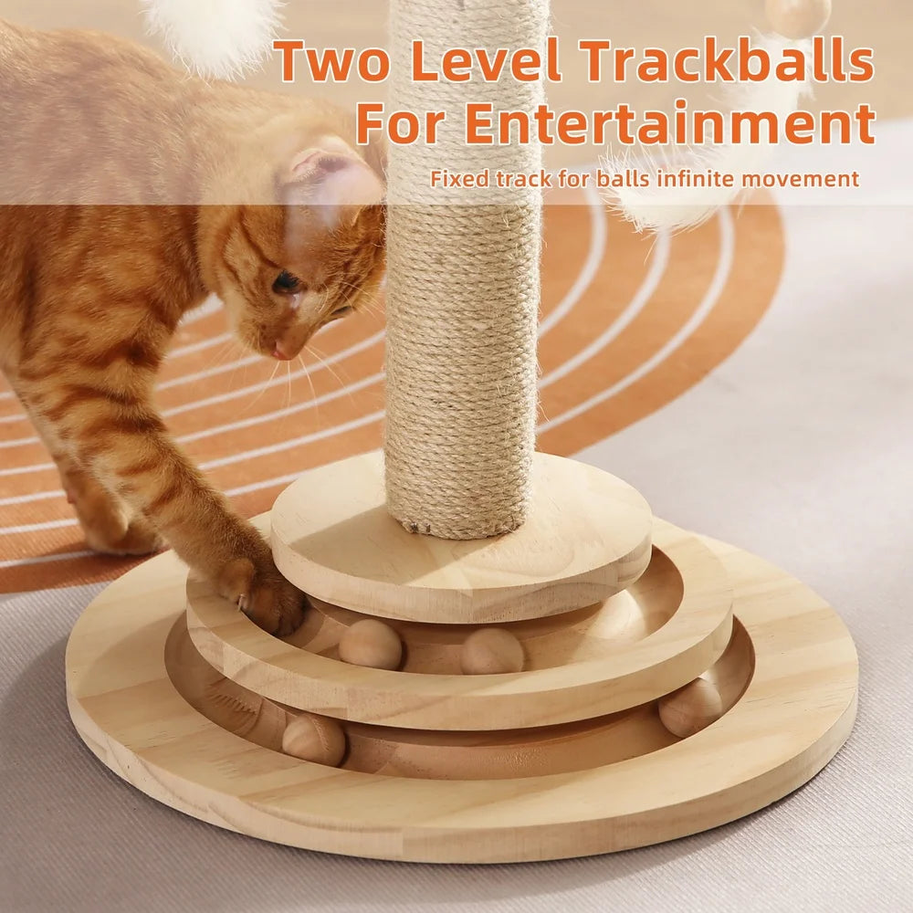 Interactive Cat Scratching Post with 2 Tier Ball Track Hanging Toys Solid Wood Base Cat Entertainment 22 Inch